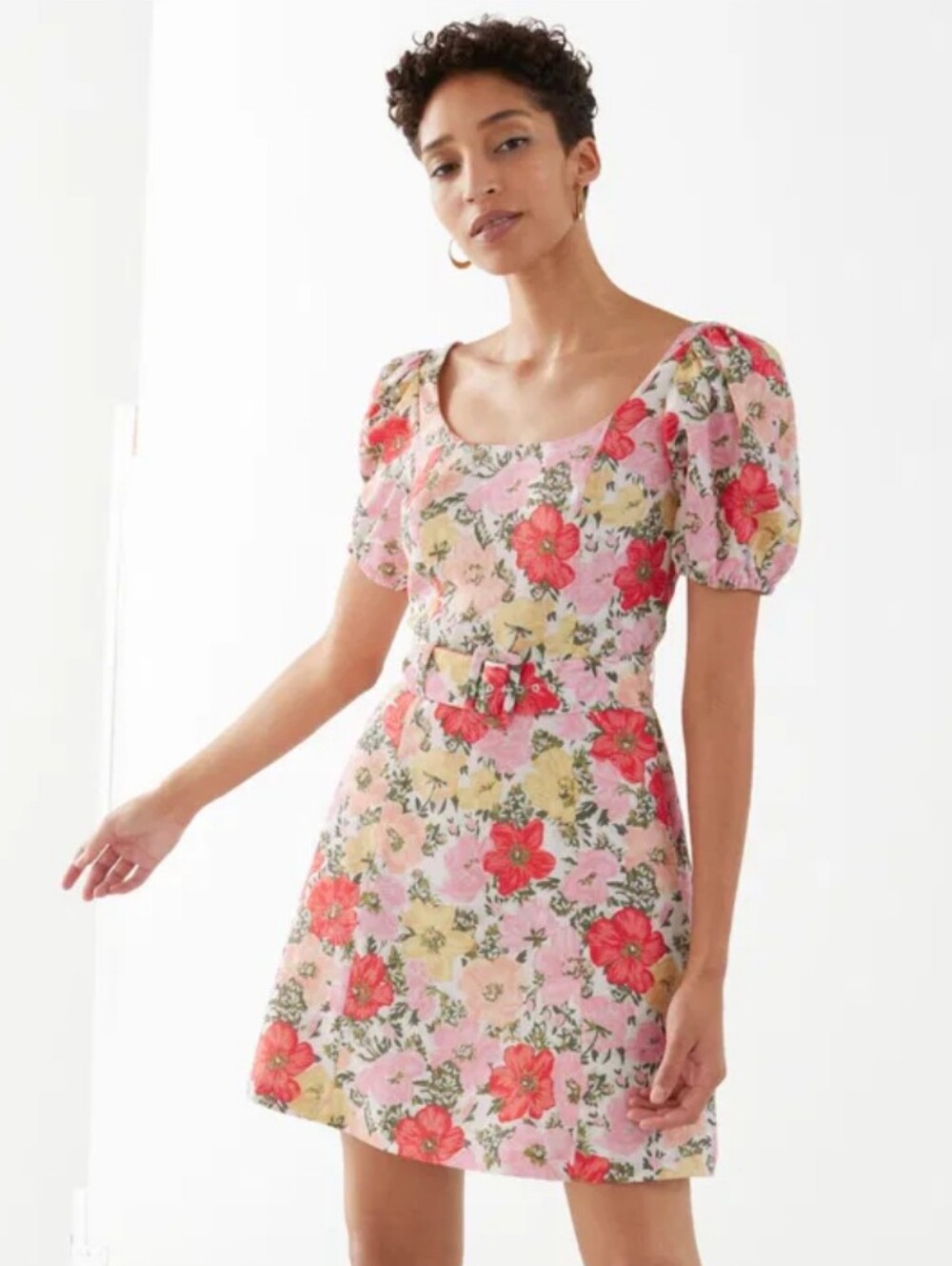 & Other Stories Pink Floral Print Puff Sleeve Mini Dress